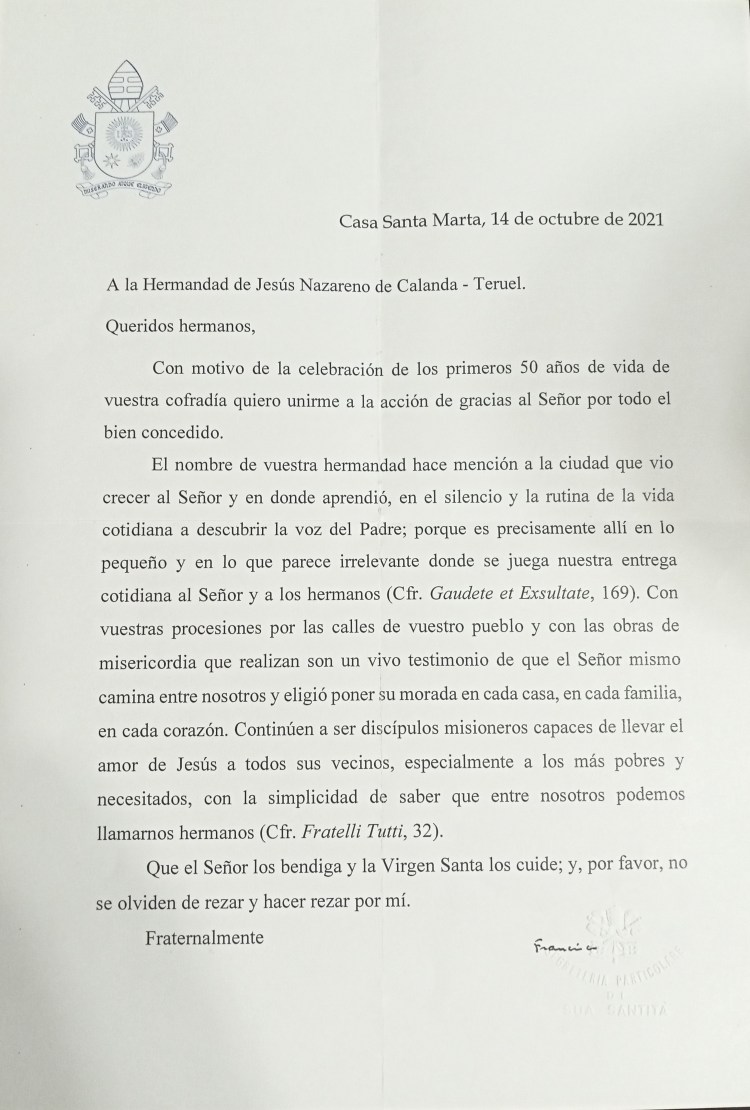 Carta del Papa Francisco a la Cofradía Jesús Nazareno de Calanda